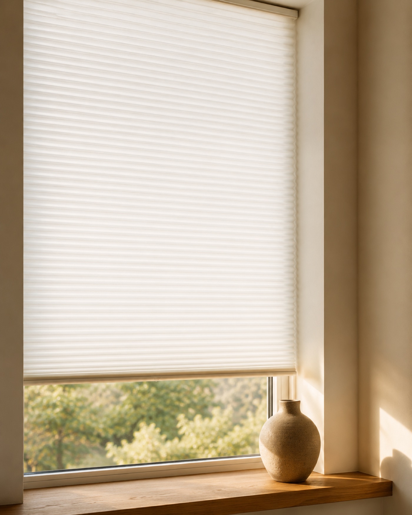 A honeycomb shade catching warm light above a single oak windowsill