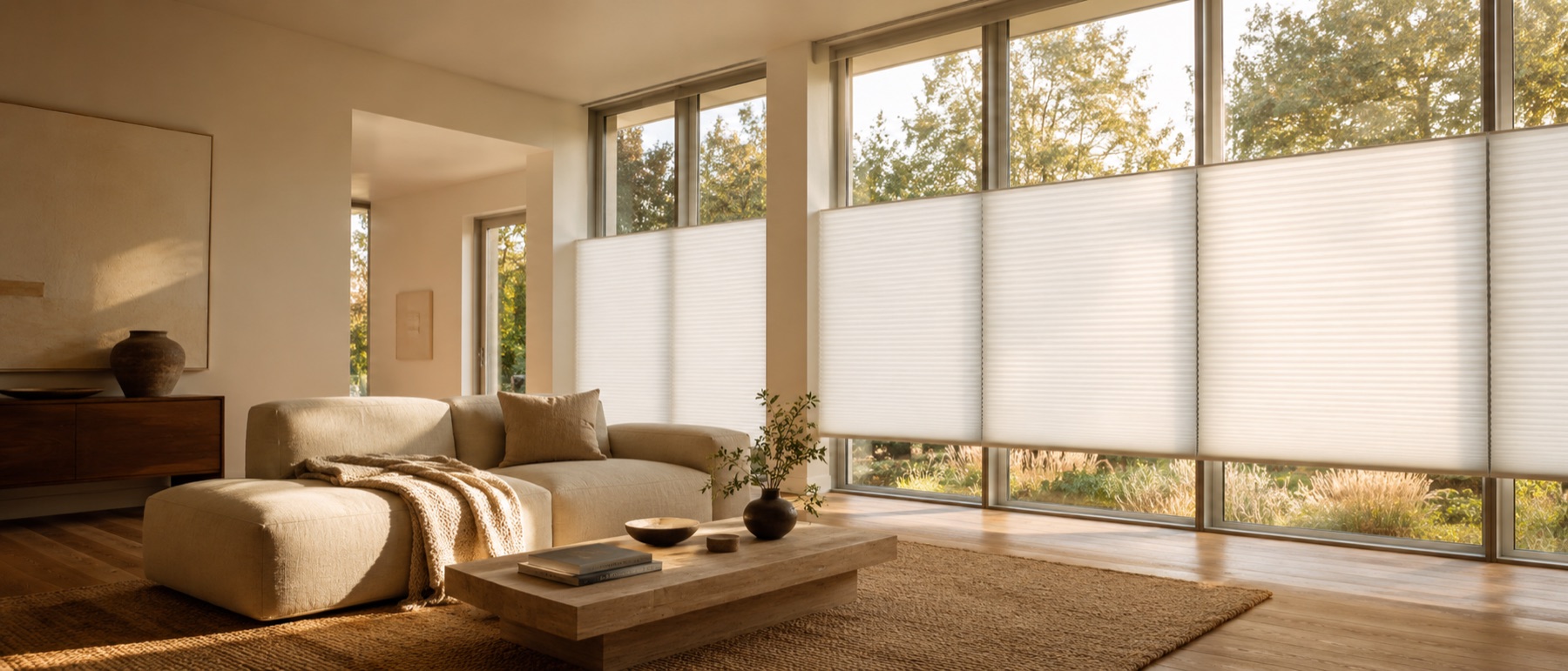Honeycomb shades with crisp horizontal pleats lowered across tall windows in a quiet interior