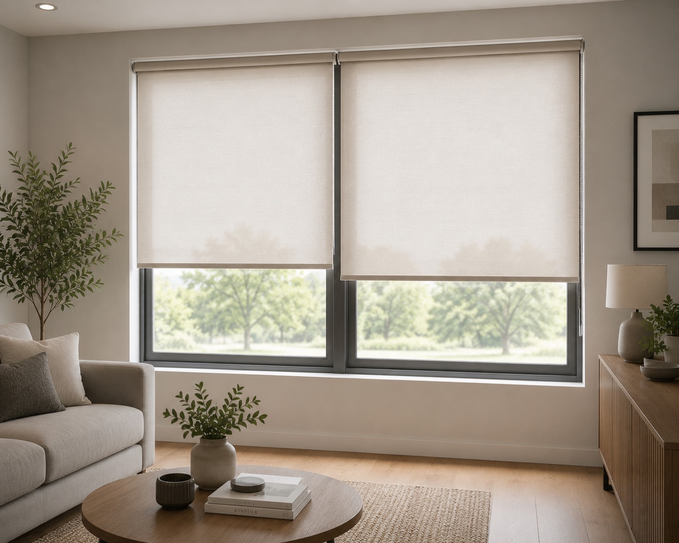 Twin cream roller shades softly lowered in a calm beige living room