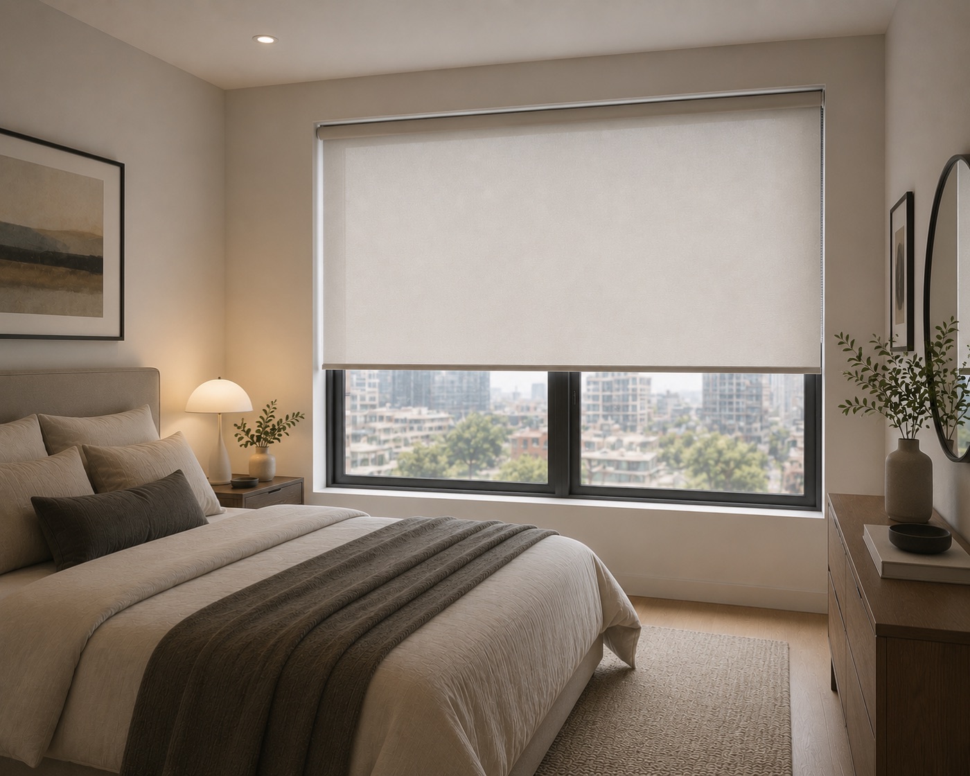 A quiet bedroom dressed in a single floor-to-ceiling cream roller shade