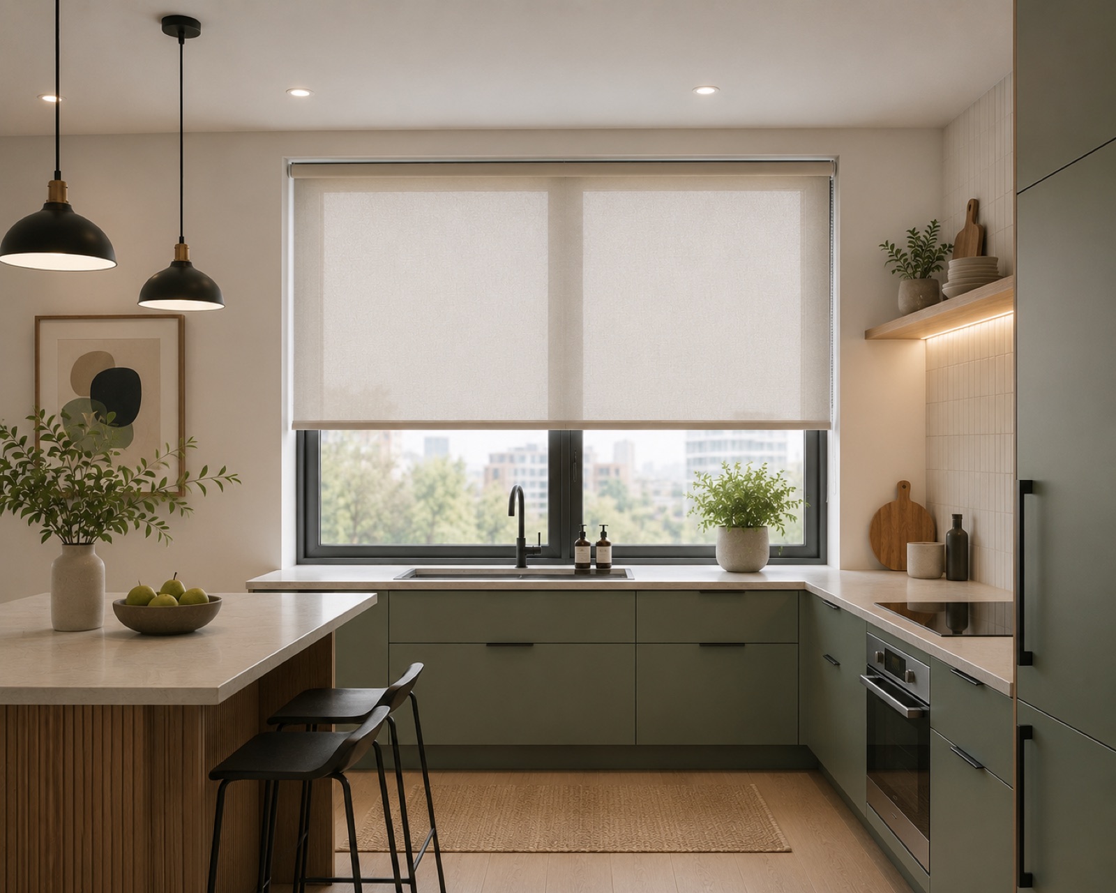 A sage kitchen with a cream roller shade gently lowered above the sink