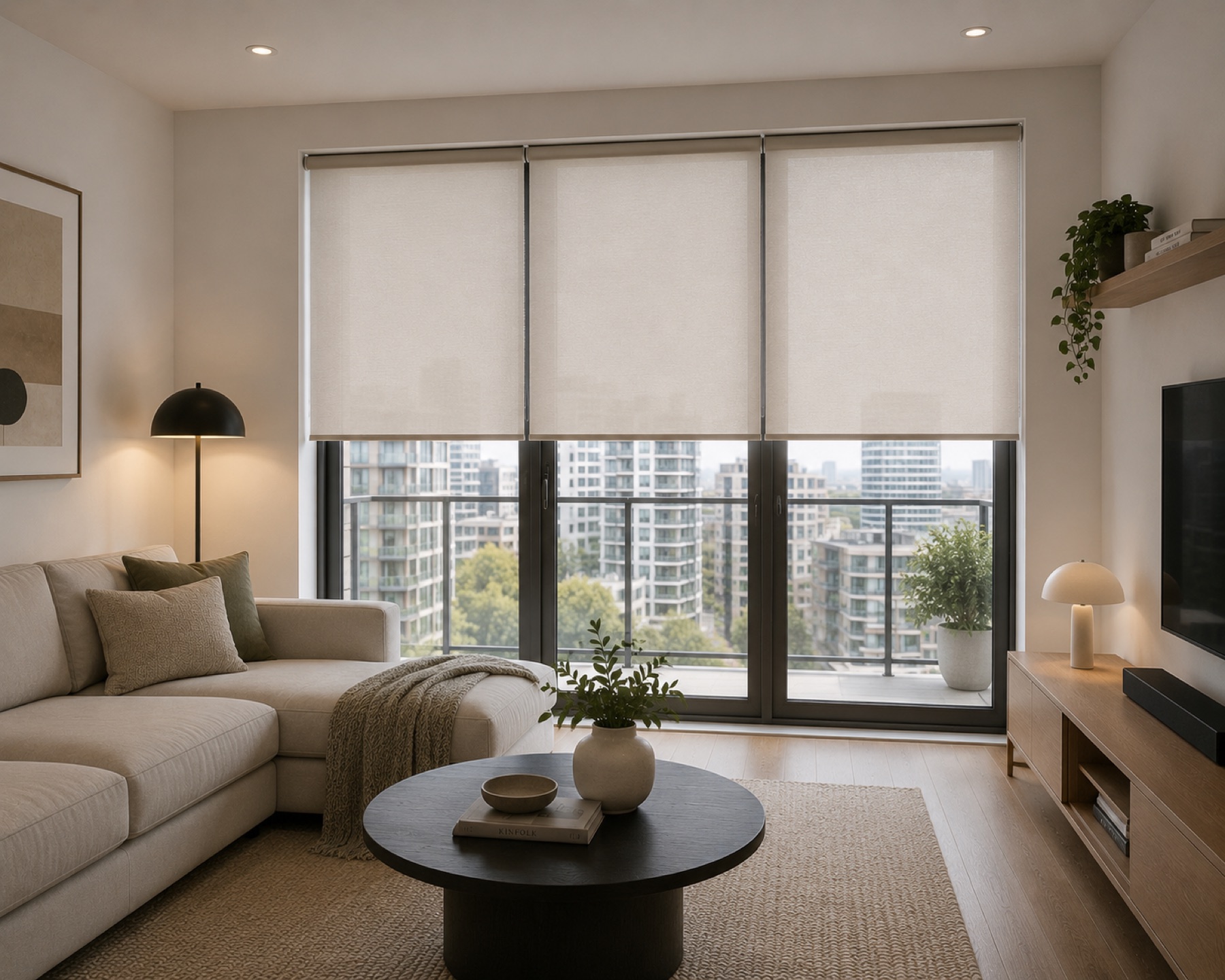 A modern living room with three-panel cream roller shades softly filtering a city view