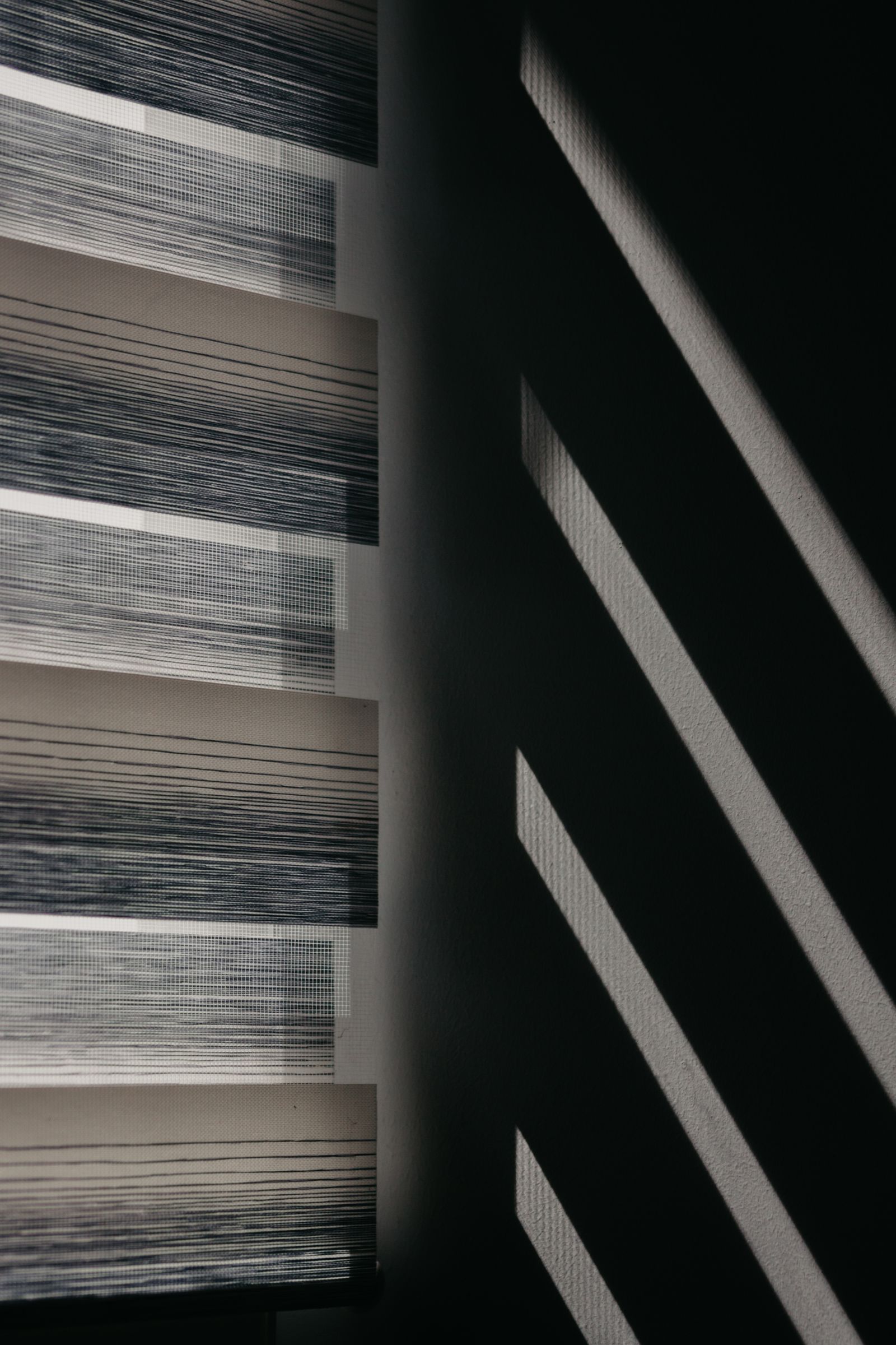 Detail of zebra blinds with alternating opaque and sheer horizontal bands