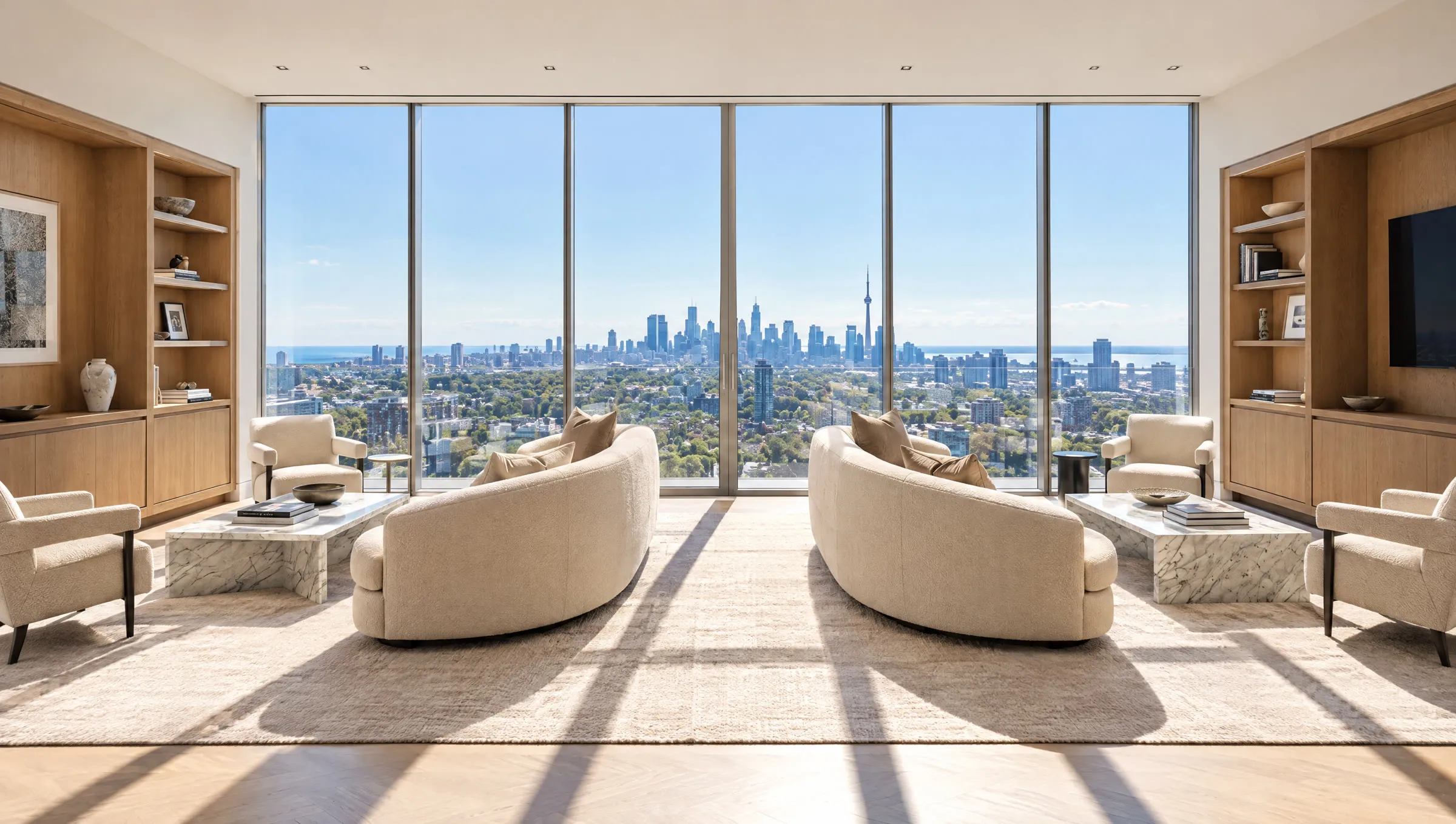 The living room with bare windows: hard sunlight, glare across the floor, nothing between the room and the city