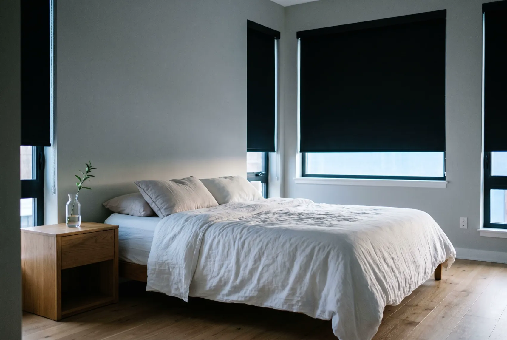 Bedroom — Blackout rollers in a side channel — true darkness, no light leak.