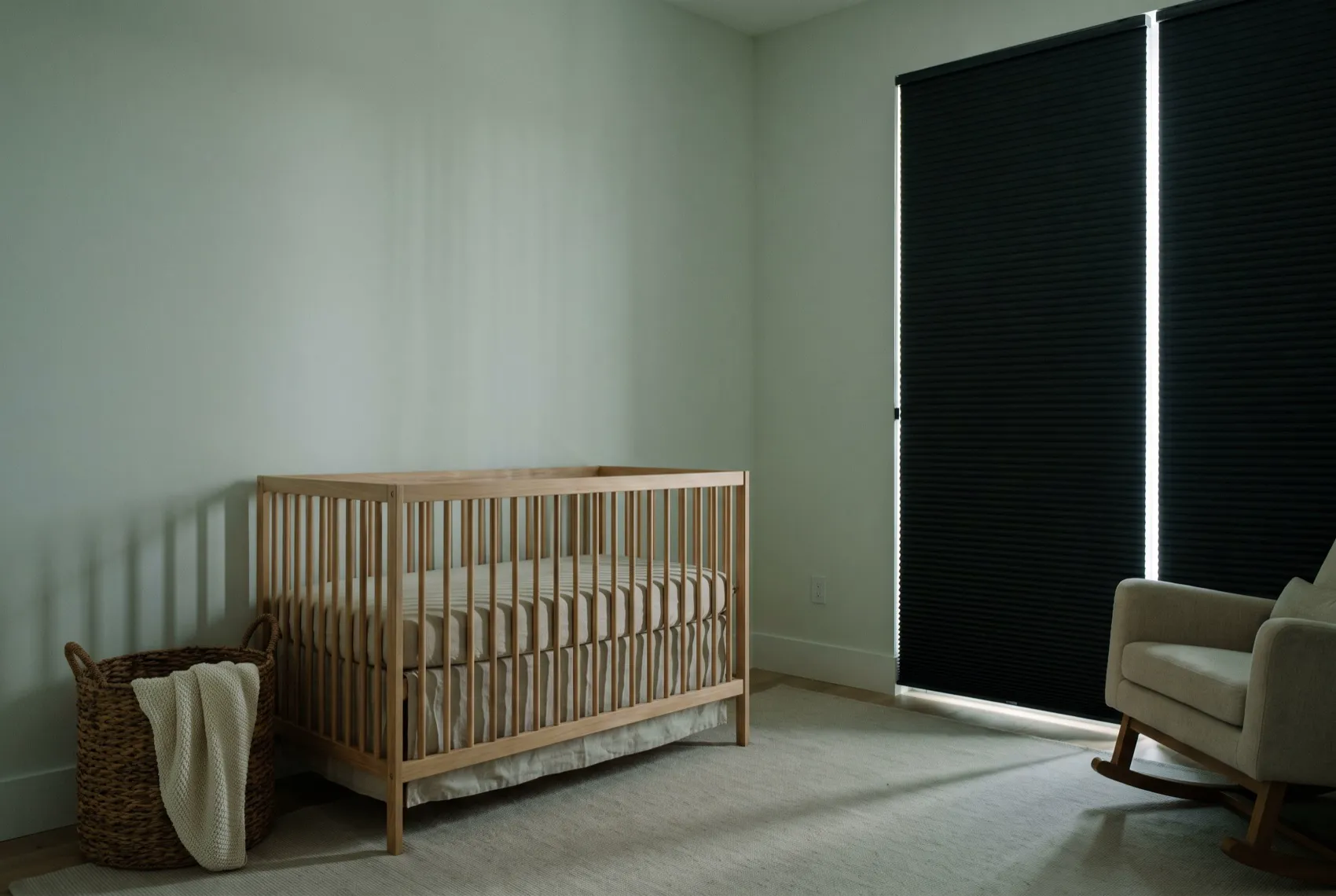 Nursery — Cordless blackout honeycomb — dark, safe, quiet.